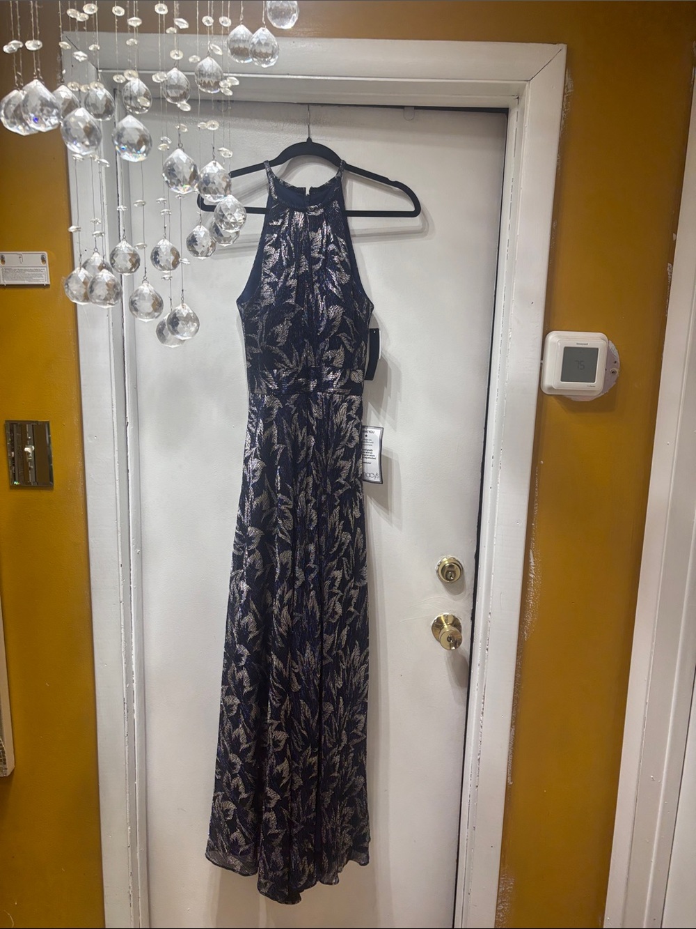 Betsy & Adam Navy and Cream Halter Maxi Dress with Leaf Motif
